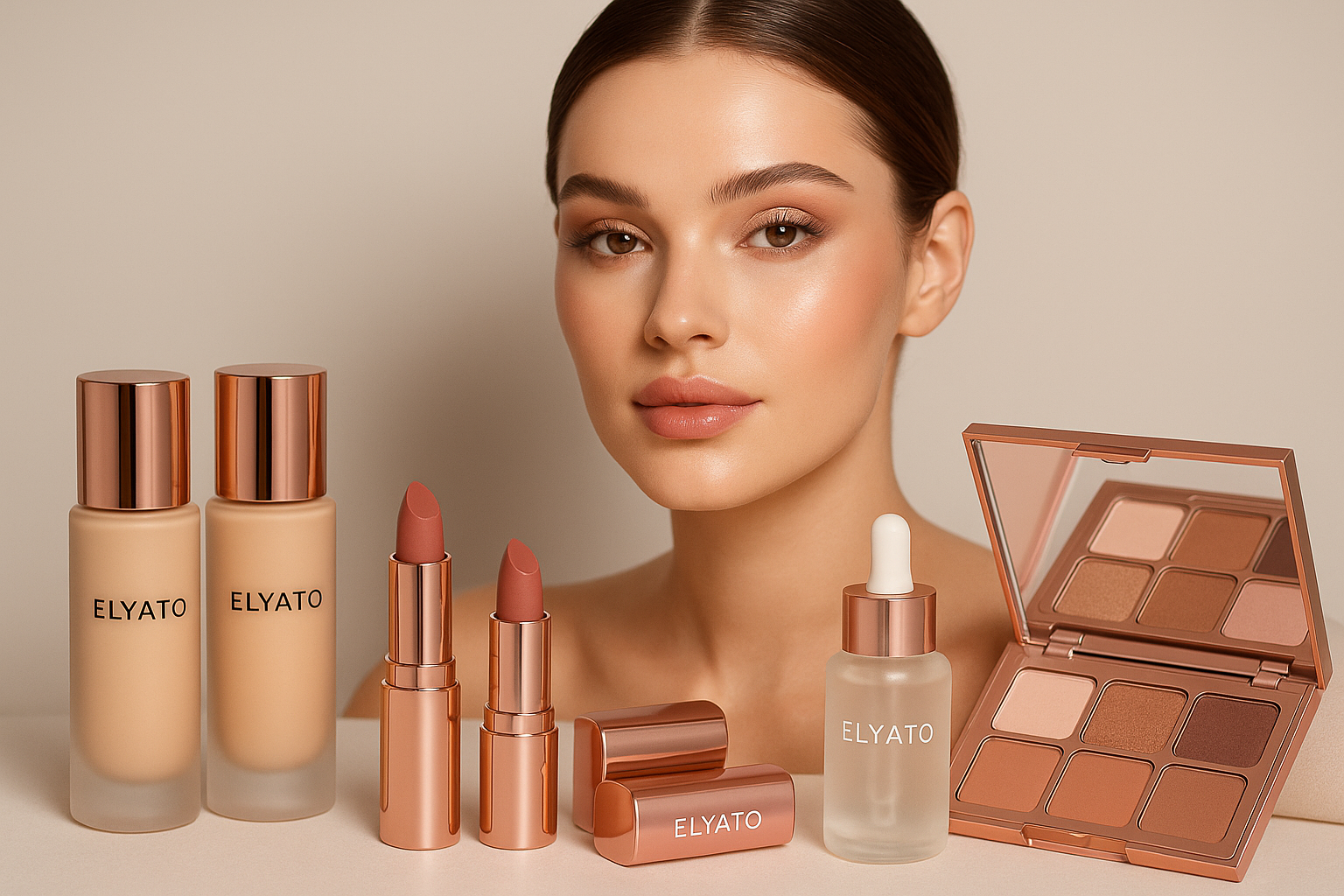 elyato beauty products with makeup model